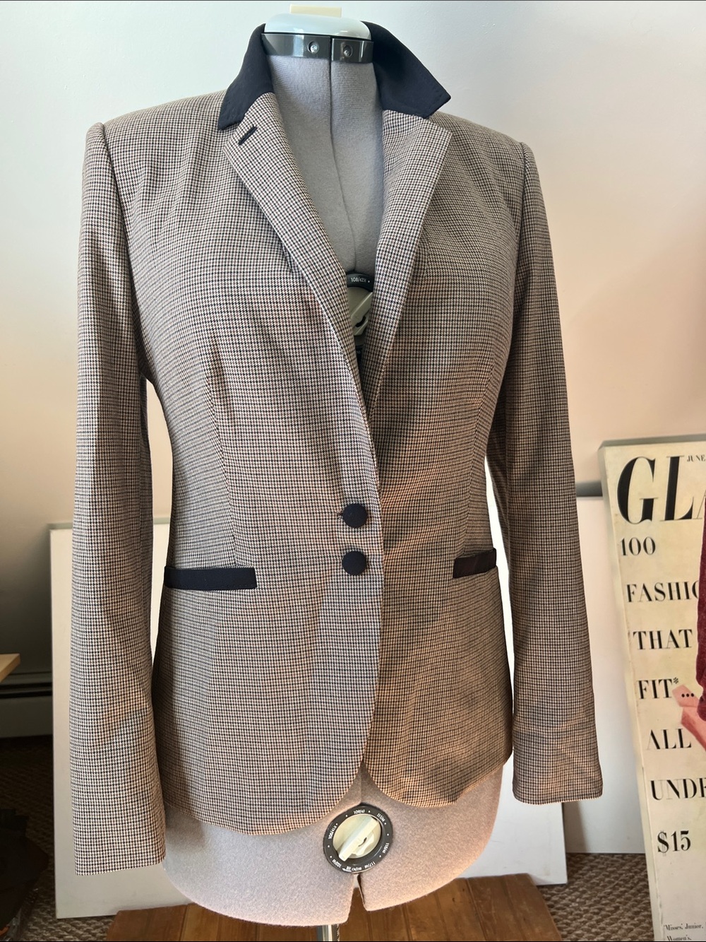 Women’s Jigsaw Tailored Houndstooth Blazer with Black Trim elbow patches size 12